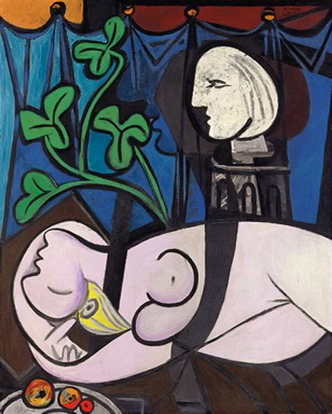 Пабло Пикассо - Обнаженная на фоне бюста и зеленых листьев